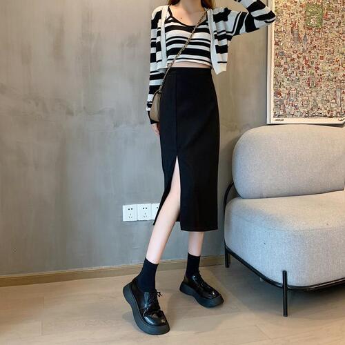 Plus-size suit pants 2024 autumn new high-waisted slimming A-line skirt with slits black bustier dress