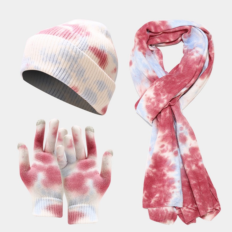 New Tie Dyed Knitted Glove Scarf Women's Autumn and Winter Outdoor Cold Protection Hat Three piece Set for Men_voghion.com