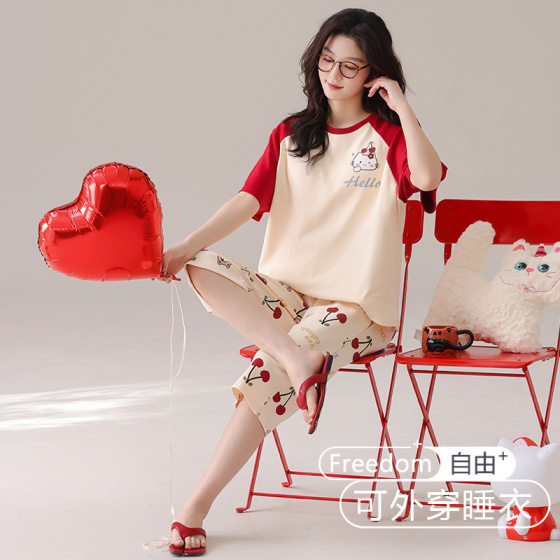[Pure Cotton] Short-sleeved Cropped Pants Pajamas Women's Summer Home Clothes Cute Two-piece Suit Spring and Autumn with Chest Pad