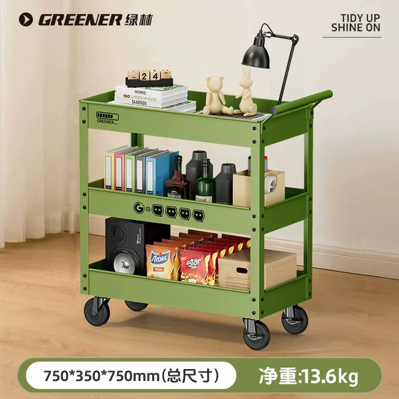 Carrito de Almacenamiento Móvil Resistente Green Forest, Carrito de Herramientas Multifuncional de Tres Niveles, Carrito de Almacenamiento para Taller