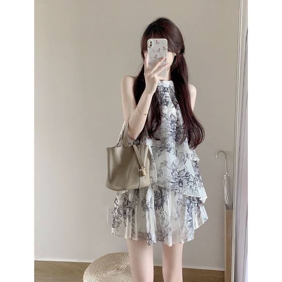 2025 Summer New Ink Printed Neck Sleeveless Top Skirt Two-Piece Socialite Style suit Fashion