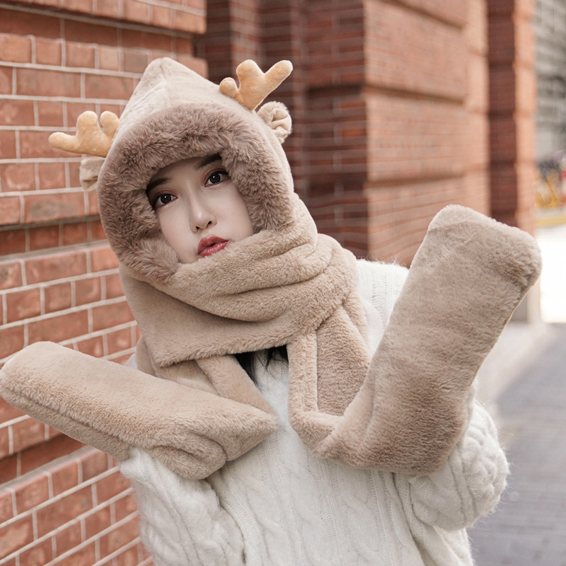 Hat scarf glove Three one winter student thickening keep warm Ear cap lovely Plush Collar