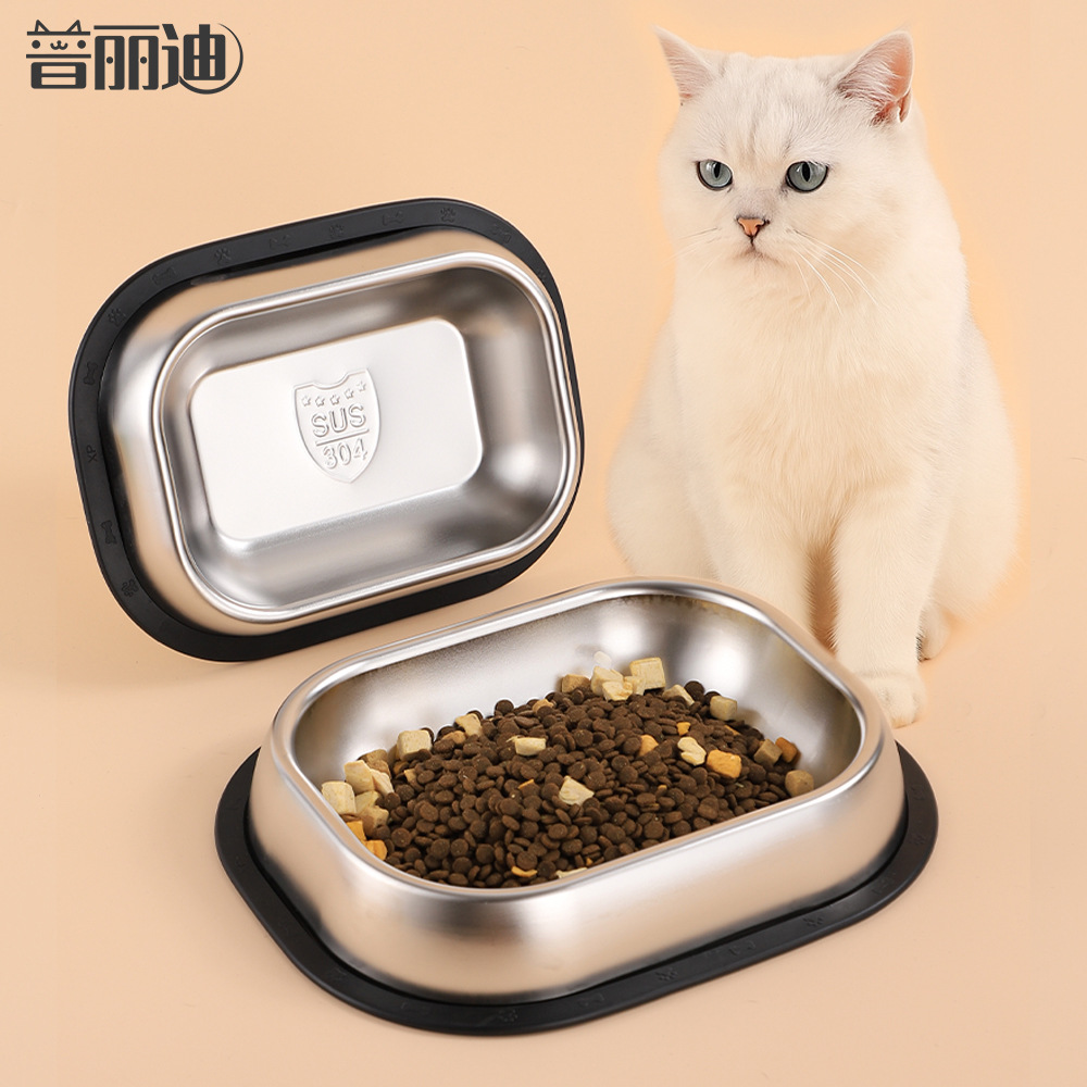 고양이 그릇 304 스테인레스 스틸 애완 동물 그릇 고양이와 개 용품 고양이 사료 물 그릇 미끄럼 방지 사각형 애완 동물 식기 식품 그릇