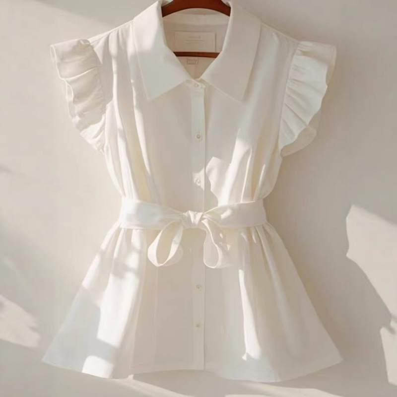 French-Style Design White Polo Shirt with Small Flutter Sleeves, Summer Outerwear, Fresh and Trendy Commuter Top That Hides the Figure