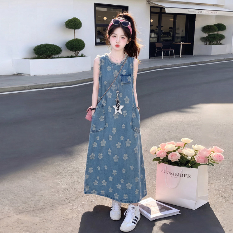 Girls' Summer Dress 2026 New Style Super Cute Sleeveless Denim Dress Stylish Princess Dress Children's Summer Dress