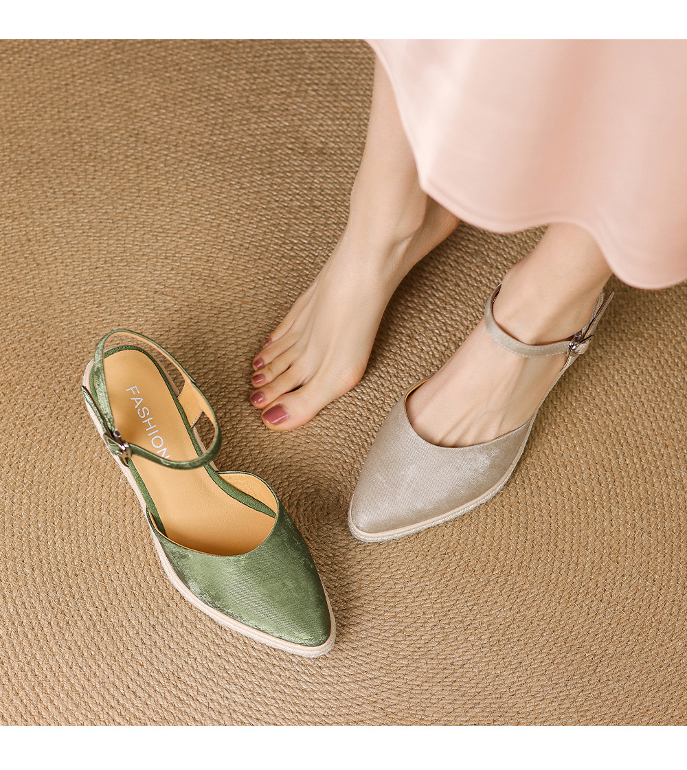 Sandal cao gót nữ phong cách Tân Trung Hoa, mũi kín quai ngang, đế xuồng bện rơm, gót 7 cm — xanh lá cây, màu mơ chi tiết 12