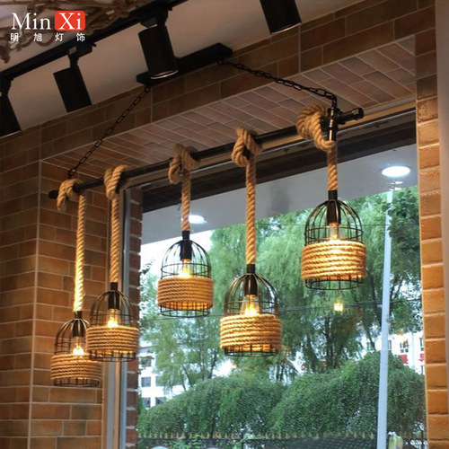 奥博工业风水管麻绳吊灯复古创意个性网咖服装店橱窗灯具跨境专供