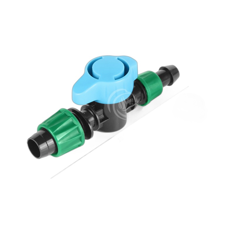 Nuevo mango azul 16 riego por goteo con doble tapa de bloqueo válvula de derivación con interruptor de válvula de válvula de parche tipo correa de riego por goteo negro