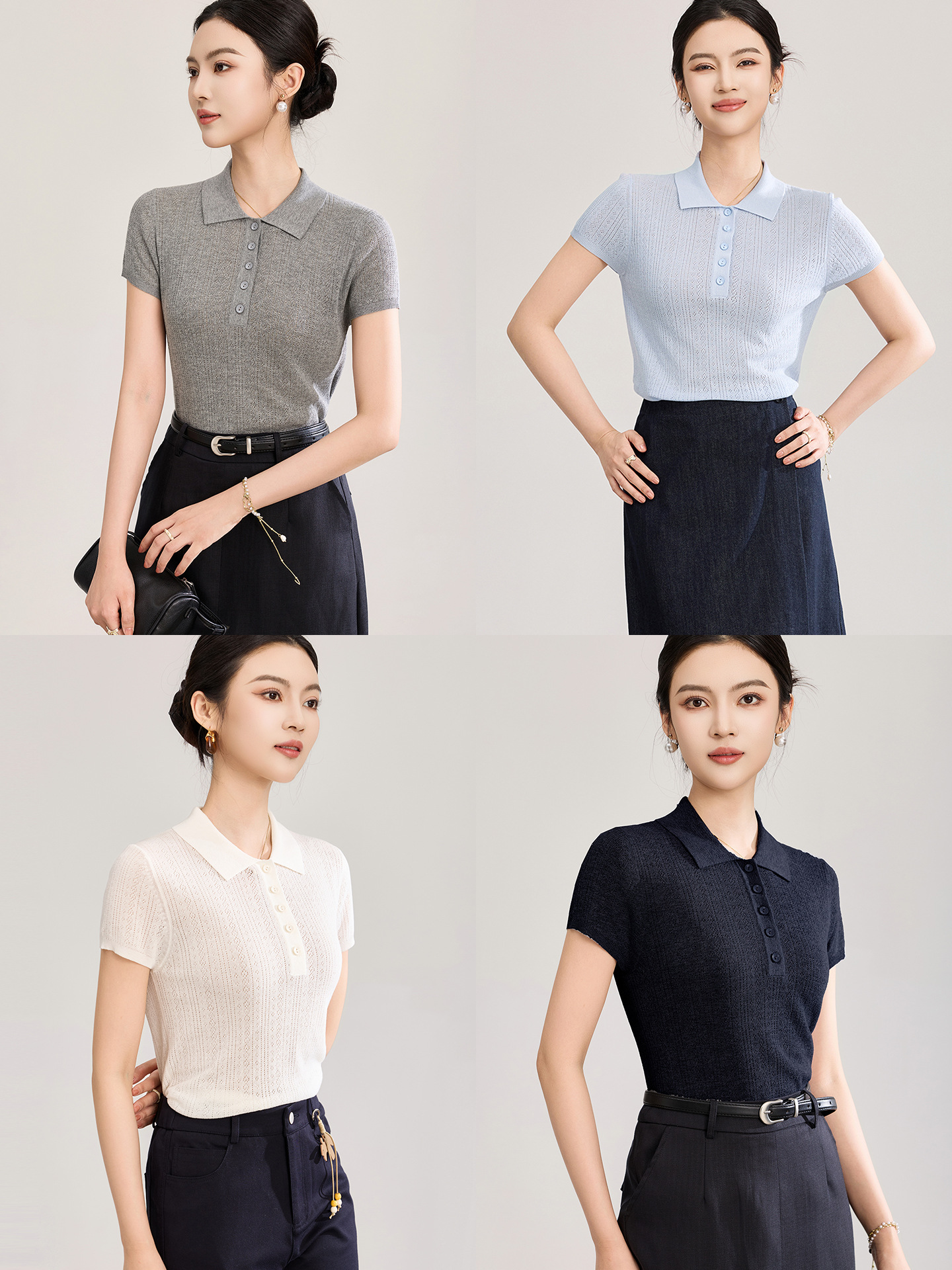 Áo len nữ cổ tròn dệt kim sợi lanh phối lỗ đi làm — màu xanh navy