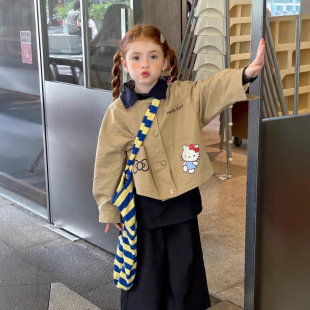 2025 Early Autumn Girls' New Fashion Versatile Hello Kt Simple Cute Lapel Cartoon Jacket Coat Trendy