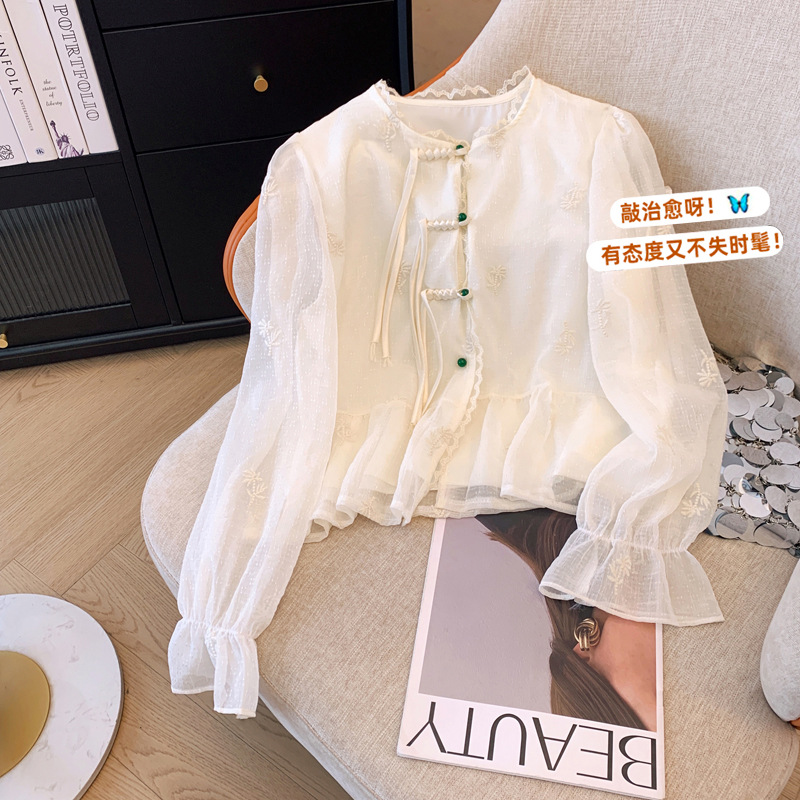 新中式国风女装盘扣衬衫夏装设计感重工刺绣气质小衫白色雪纺上衣