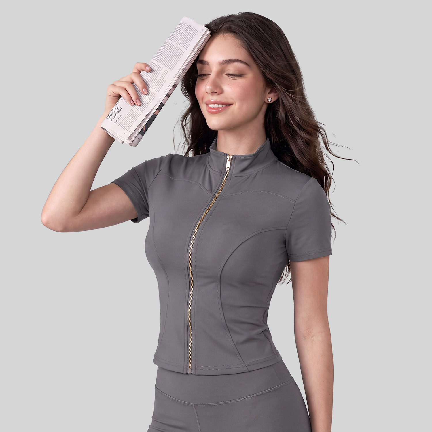 Ju Yi Tang miel桃子 dorado chaqueta de yoga con cremallera de mangas cortas para adelgazar y correr camisas deportivas ajustadas para mujeres
