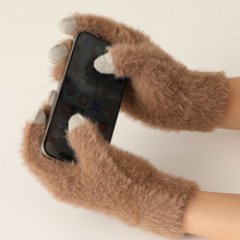 秋冬新款貂绒触屏保暖手套男女士骑行五指加厚保暖防风学生手套