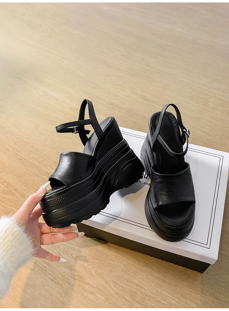 Sandal nữ đế dày da bò cao gót 14 cm phong cách La Mã — màu đen, màu trắng, màu mơ chi tiết 20