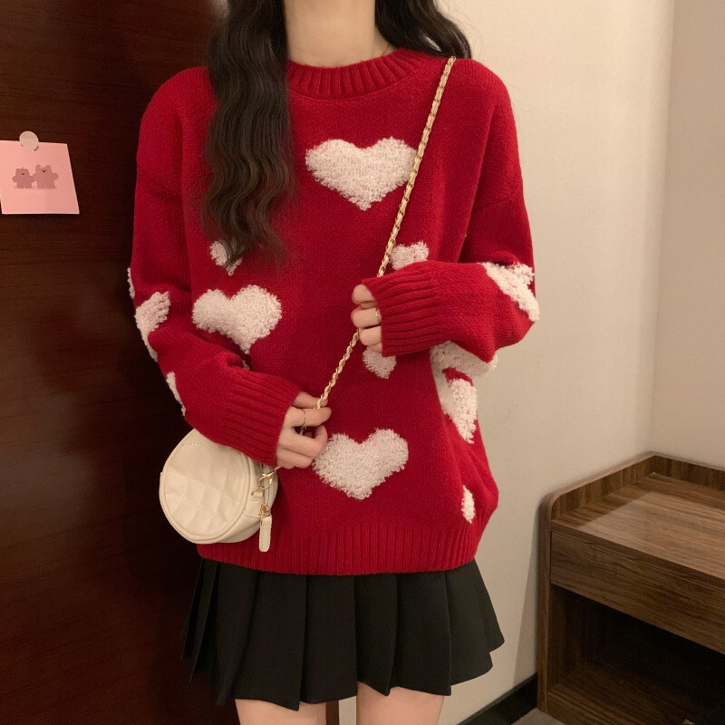Red High-End Lazy Christmas Sweater for Women, Autumn and Winter, Plus Size, Loose Fit, Flattering and Slimming Knit Top