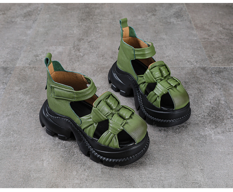 Sandal nữ da bò thật đế dày phong cách La Mã, mũi kín, quai đan dây — màu nâu chi tiết 14