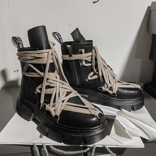 Genuine Leather Boots 2025 High Version Handsome Strappy High-Top Men's Casual Sneakers Dark Style Thick-Soled Couple Men's Shoes
