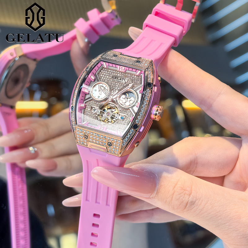 Gratu Niche Diamond-Encrusted Women's Watch Fashionable Hollow Luminous Waterproof Barrel-Type Fully Automatic Mechanical Watch for Women