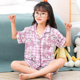 直播男女儿童仿棉印花开衫小翻领夏季短袖长裤卡通家居服套装