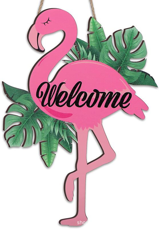 Cross-border new pink flamingo welcome sign wooden flamingo decoration front door summer decoration