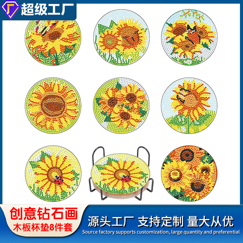 Diamante personalizable pintura taza almohadilla de dibujos animados tablero de madera aislamiento térmico pequeño diy alta sensación de fabricación artesanal al por mayor taladro de cristal