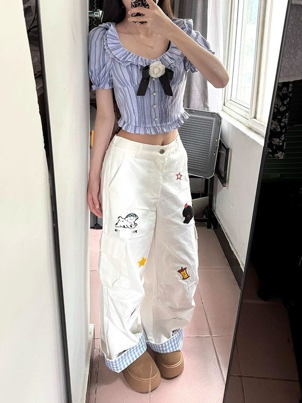 裤脚翻边格子工装牛仔裤美式vibe裤子多口袋小狗刺绣直筒阔腿裤女|undefined