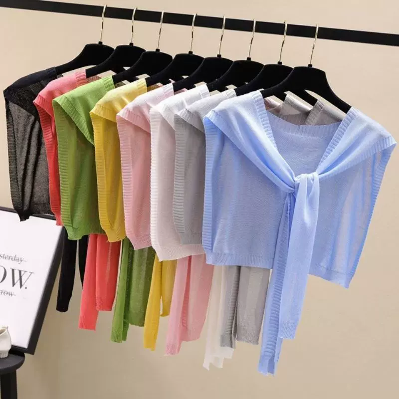 夏季薄款新款纯色网红冰丝针织披肩裙子衣服百搭时尚打结女护颈脖