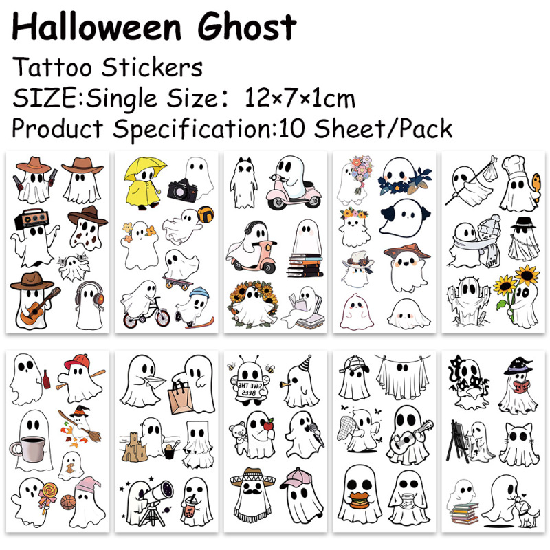 10 Sheets/Pack Cross-Border Halloween Little Ghost Painted Tattoo Stickers Holiday Party Fun DIY Body Temporary Stickers