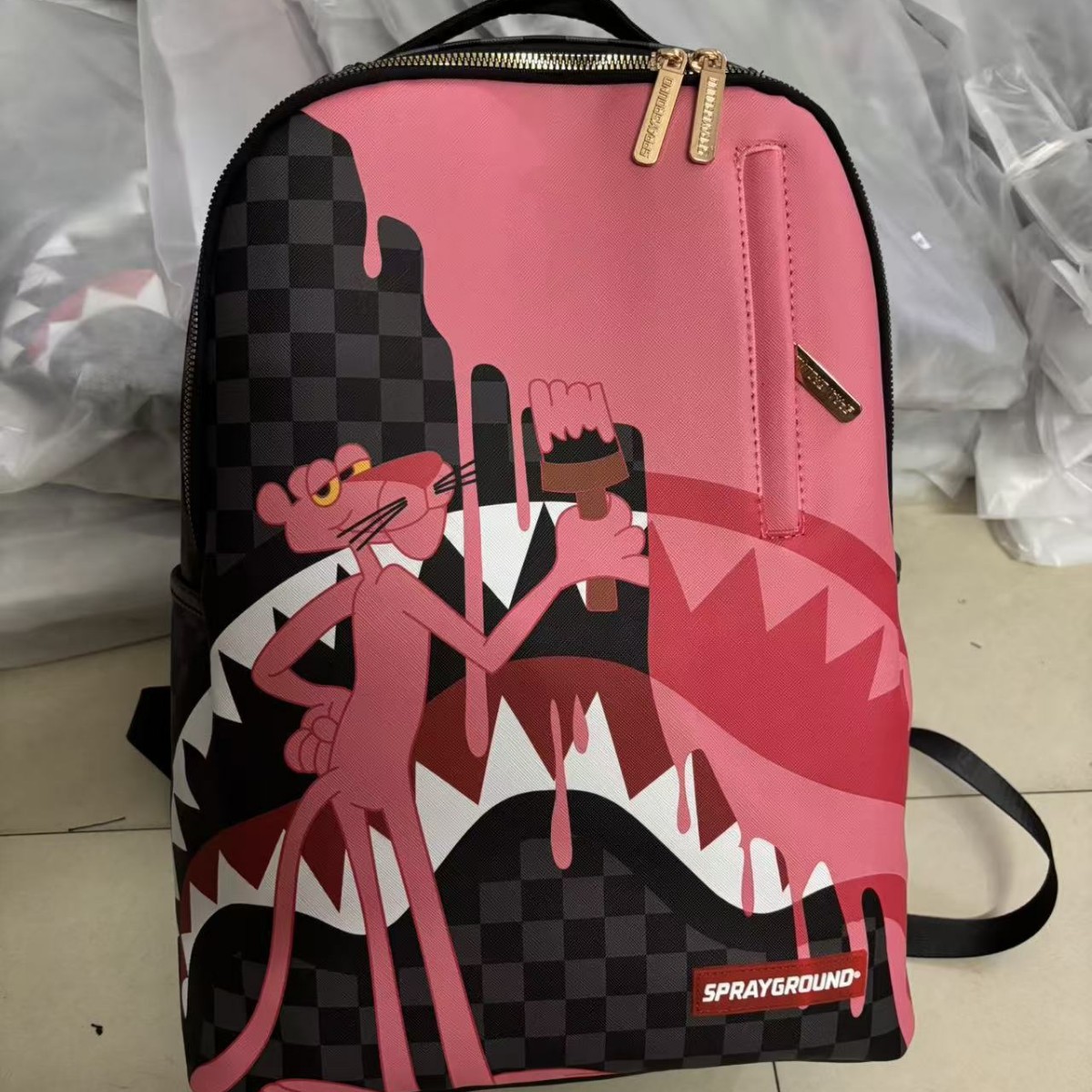 Cross-Border Exclusive Supply of Shark Pink Panther Backpacks, Cartoon Graffiti Casual Backpacks, Student School Bags, Large-Capacity Trendy Bags
