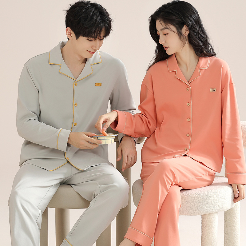 Algodón puro pareja pijamas de las mujeres del otoño nuevo simple chica lycra algodón manga larga vestir prendas exteriores desgaste los hombres traje