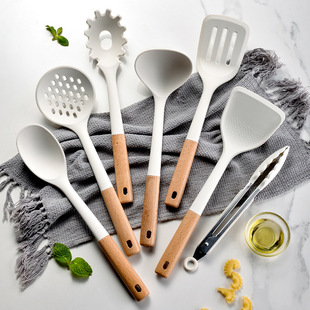 Non-stick Wooden Handle Silicone Kitchenware 8-piece Set Storage Barrel High Temperature Resistant Cooking Shovel and Spoon Kitchenware Set