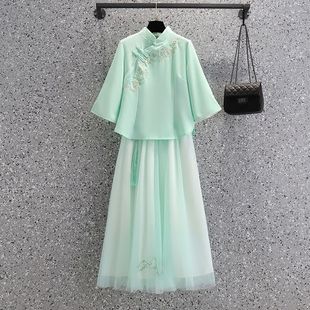 Hanfu Spring and Summer Chinese-Style Slim-Fit Women's Clothing with Traditional Chinese Elements, Retro Embroidered Improved Top and Mesh Set Skirt