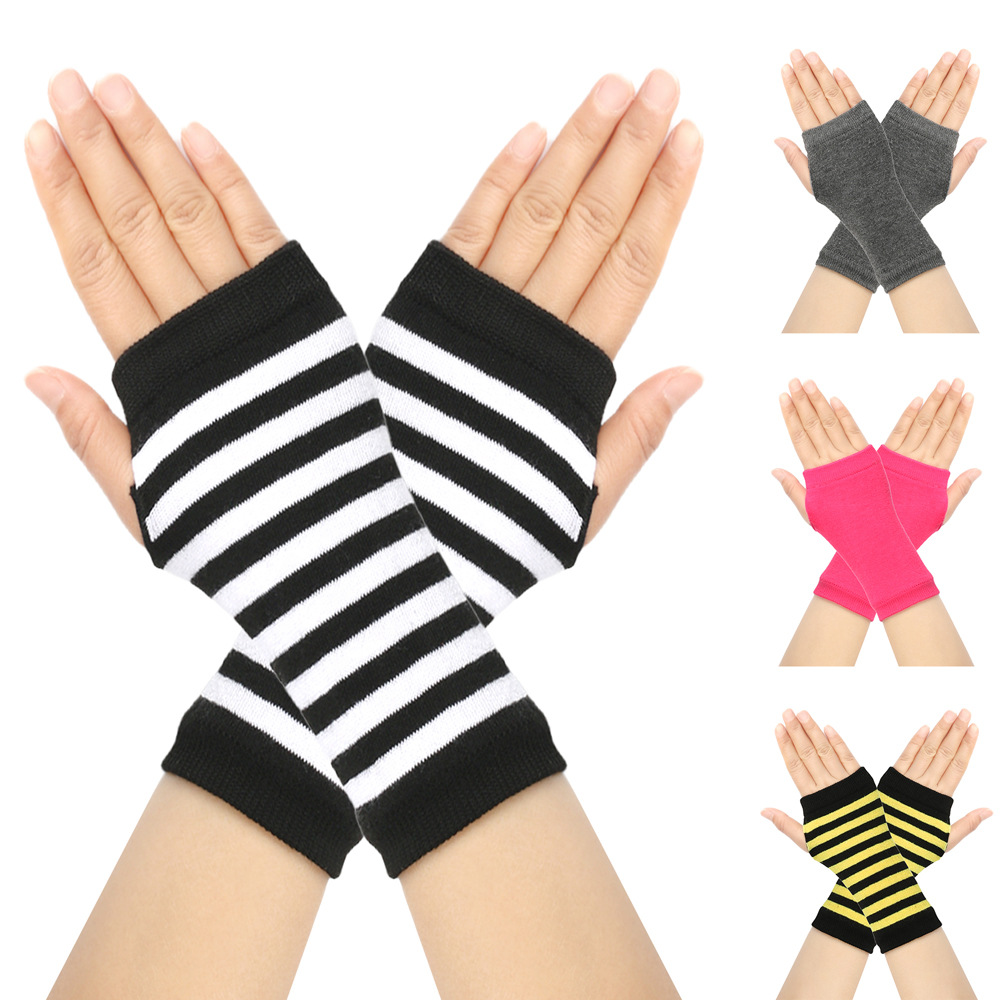 Mangas de muñeca abiertas a rayas para hombres y mujeres, tejido fino, guantes cortos de escritura para niños, color sólido, para hacer uno mismo_voghion.com