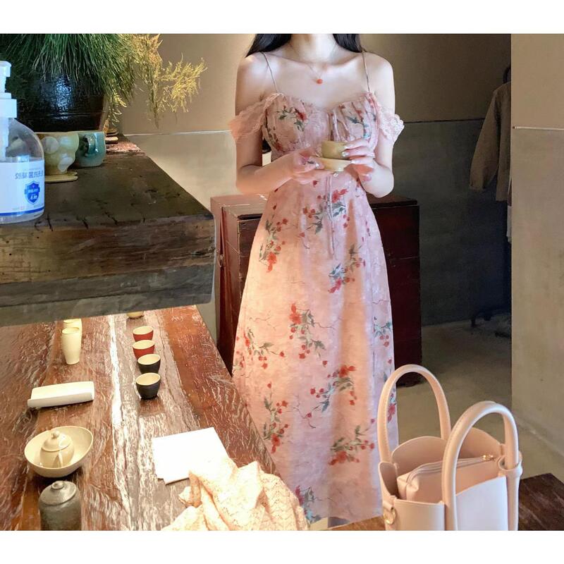 Retro Elegant Elegant Long Dress Pure Desire Sexy Slim A- line Sling dress Women's Spring and Summer Gentle Holiday Style