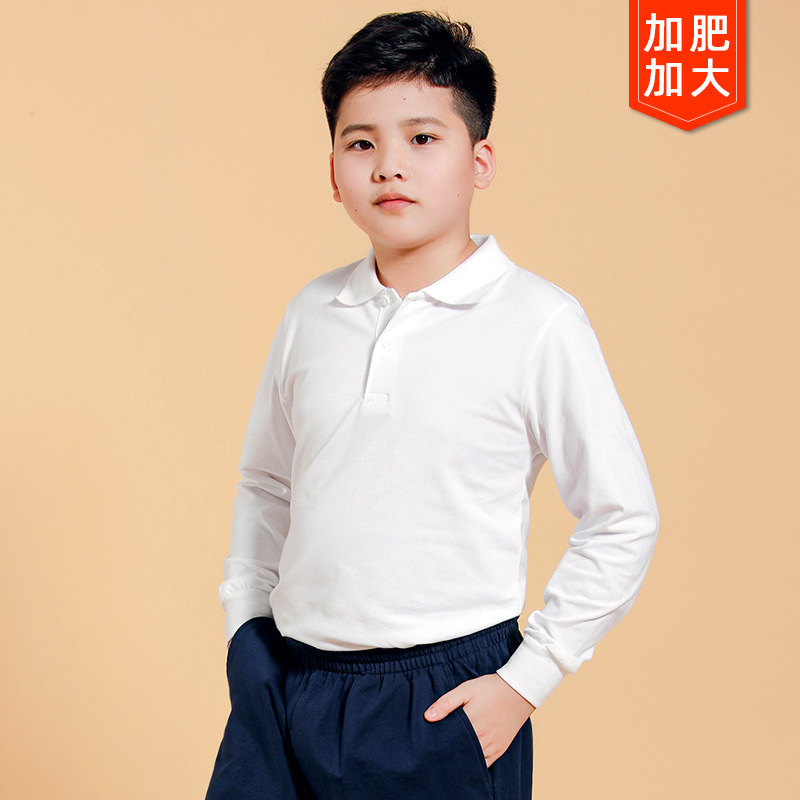 Plus-size white polo shirt, 2024 new autumn style, elementary school uniform for boys, extra-large loose T-shirt, long sleeve.