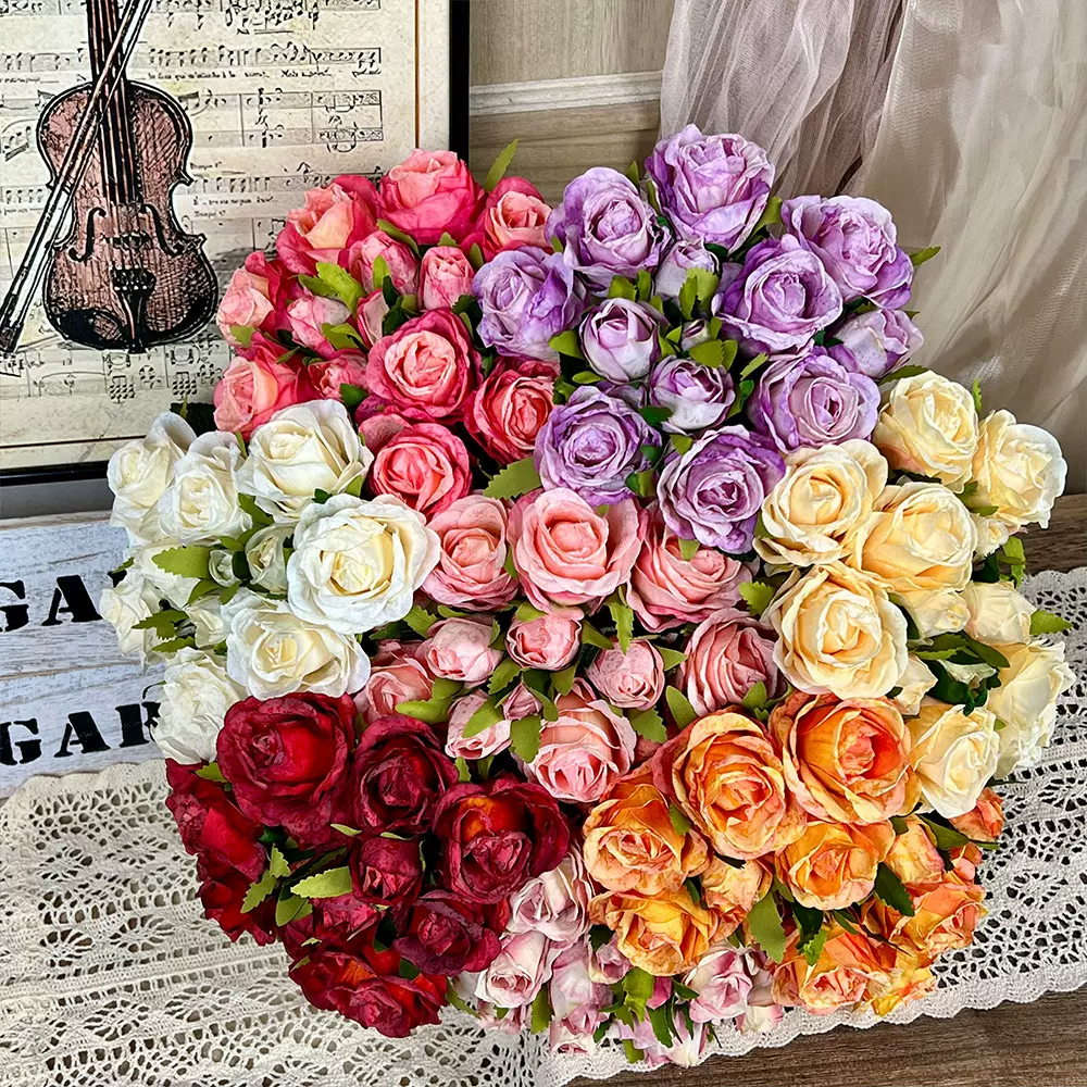家居仿真玫瑰花婚庆装饰假花批发欧式泰玫油画色拍摄道具保加利亚