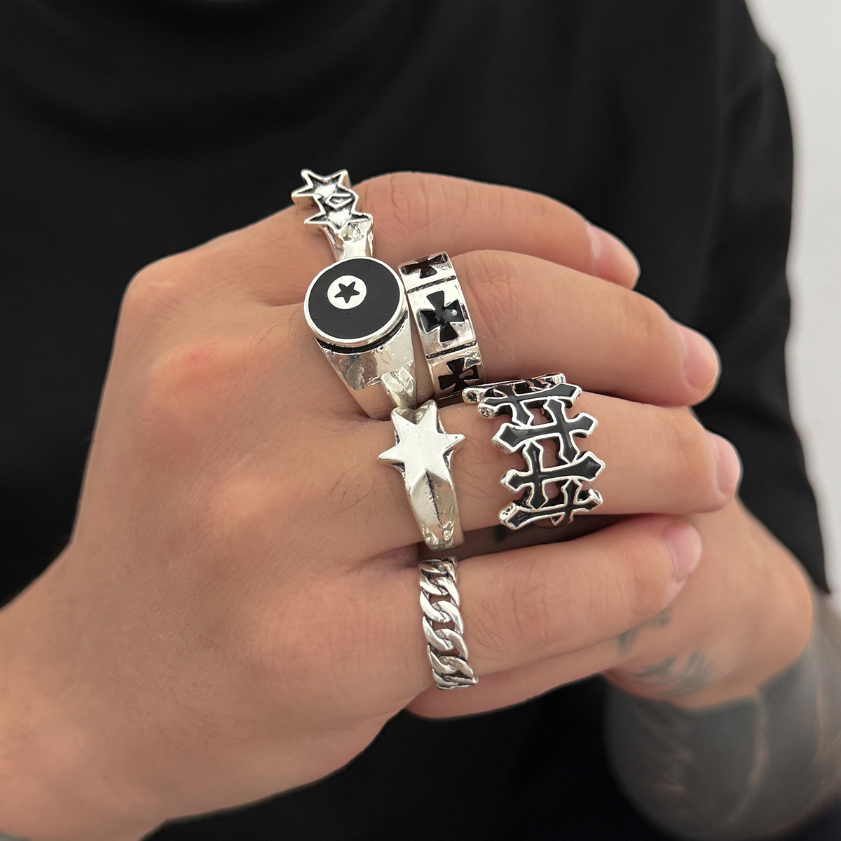 European and American Hip-Hop Niche Five-Pointed Star Ring Set for Men, Fashionable and Unique Exaggerated Style Rings, Cross-Border Men's Index Finger Rings