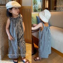 童装夏季新款男女童百搭格子背带裤吊带连体裤中小童一件代发