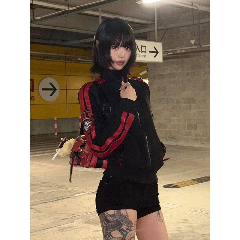 街头亚文化立领夹克女秋季红色条纹拼接短款外套vintage修身上衣