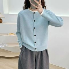 纯色花边领毛衣开衫宽松长袖针织衫显瘦上衣春季新款女装时尚外套