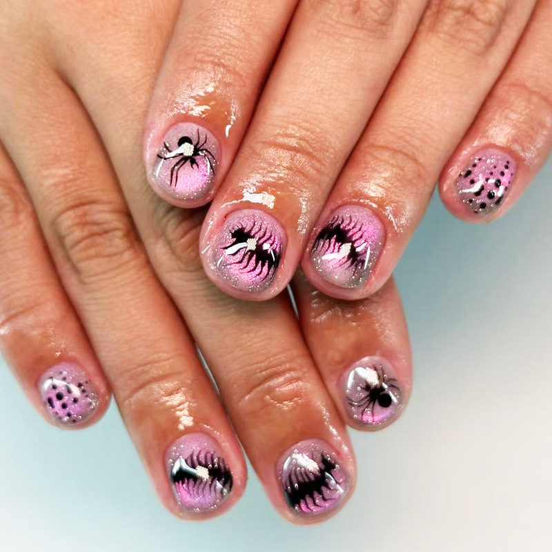 Halloween Centipede Spider Polka Dot Pink Blush Chrome Cat Eye Short Square Press-On Nails Nail Art Nail Tips