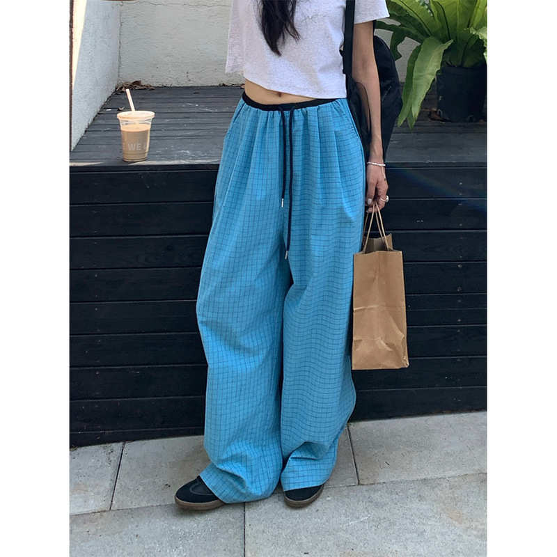 Huang Zheng drawstring elastic waist check design loose wide leg pants women's 2025 summer casual comfortable pants 520299