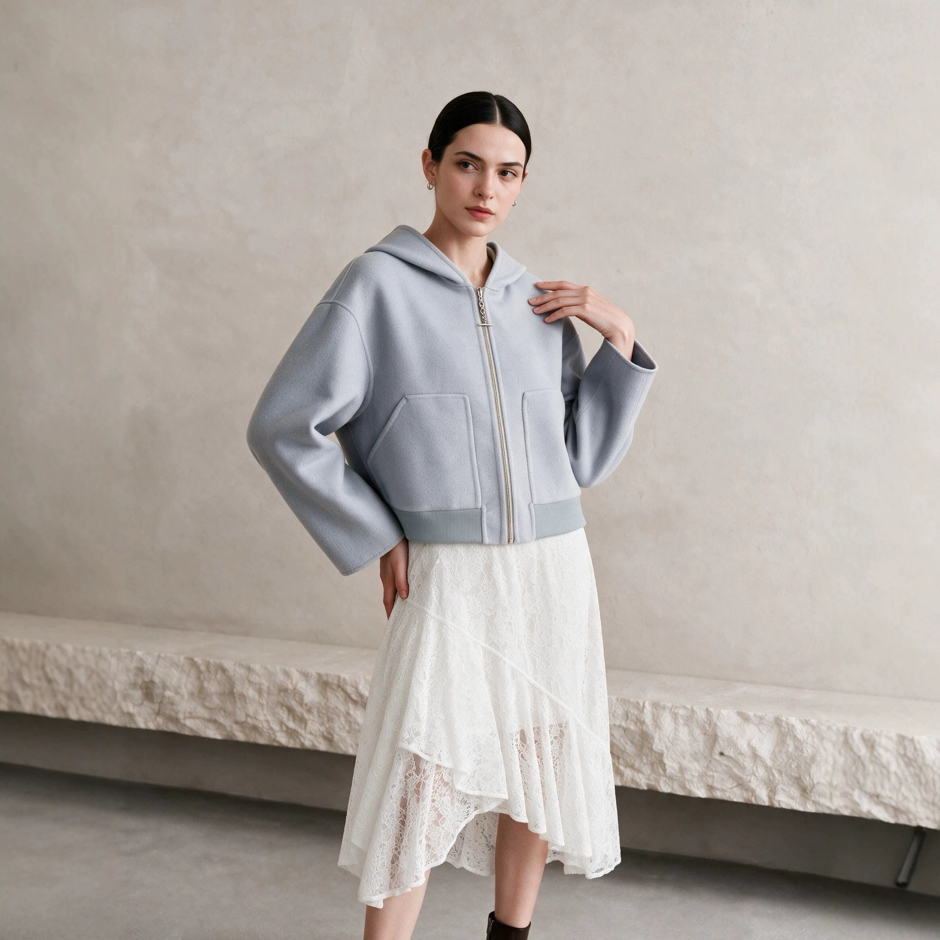 Casual and simple H-brand style, drop-shoulder, zippered, short-length, pig-nose print, versatile double-sided wool coat