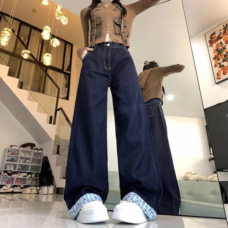 プラスサイズファットmmアメリカンレトロチェック柄スプライシングジーンズ女性用春の新作ルーズスリミングワイドレッグフロアレングスパンツ|undefined