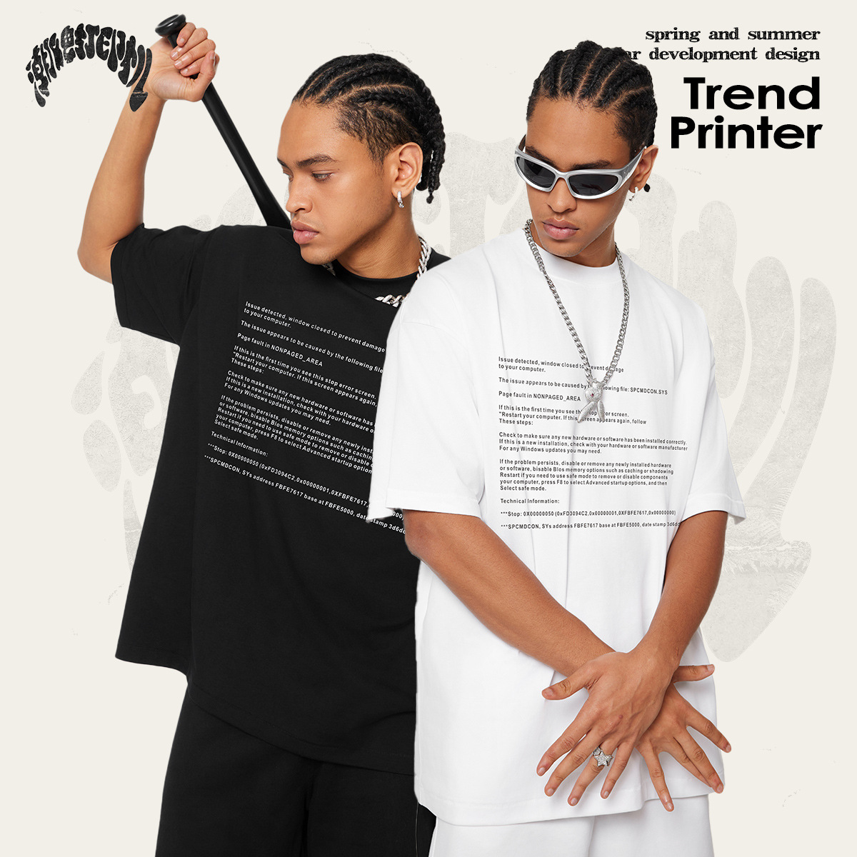 2025 verano marcas de moda estadounidenses adolescentes sueltas moda divertida impresión de pantalla azul camiseta de manga corta para hombres