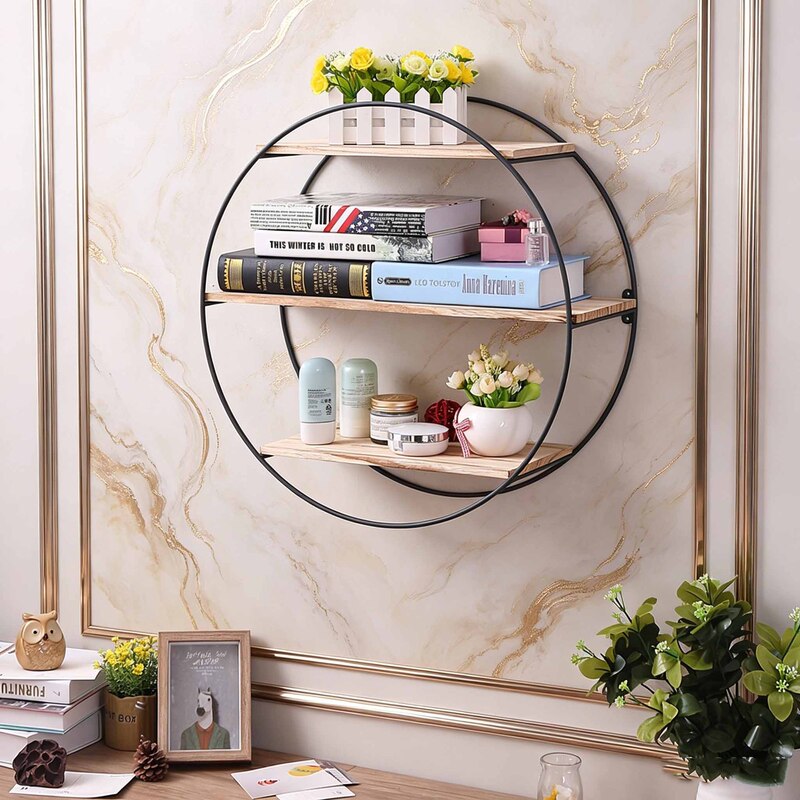 Round Iron Wall-Mounted Shelf, Vintage Solid Wood Wall Multi-Functional Partition Storage Bookshelf Combination, Creative Home Decor