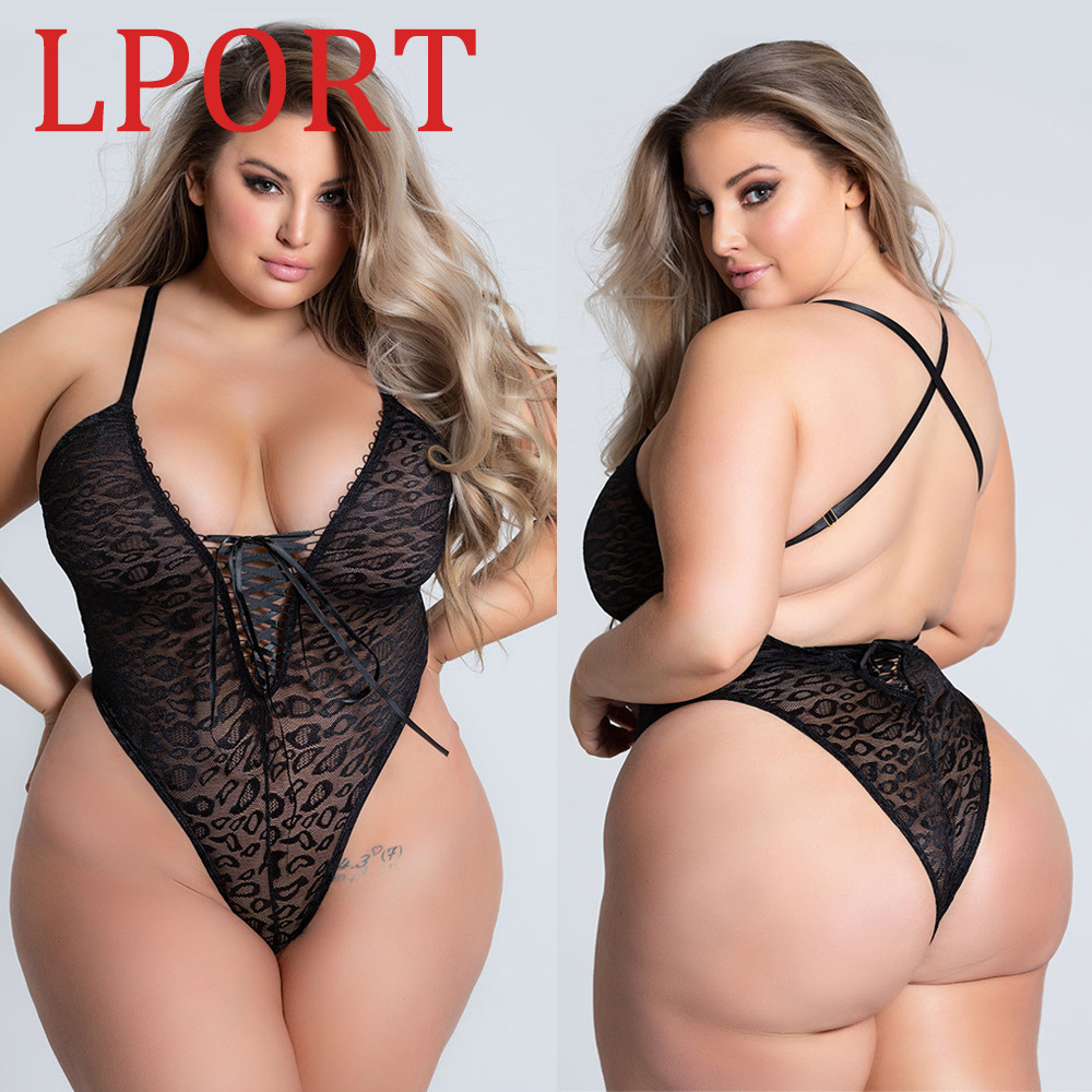 유럽과 미국의 대외 무역 섹시한 속옷 도매 검은 표범 메쉬 지방 크기 점프 수트 관점 섹시한 통통녀 잠옷