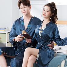 春秋季睡袍简约情侣浴袍丝绸睡衣女睡裙夏季男长袖冰丝浴袍家居服