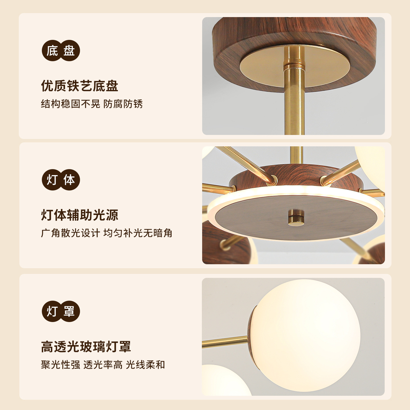 Lámpara principal de la sala de estar francesa antiguo estilo retro luces de comedor de madera de nuez estilo japonés L335