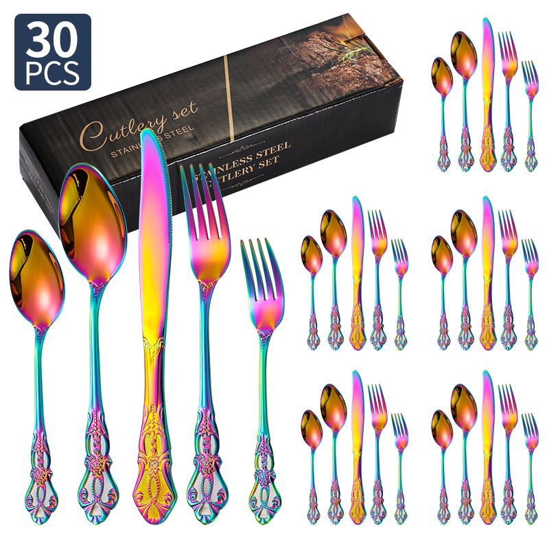 Amazon corte imperial cubiertos de acero inoxidable cuchillo y tenedor cucharas 20 / 24 / 30 piezas conjunto retro relieve cuchillo y tenedor de filete occidental